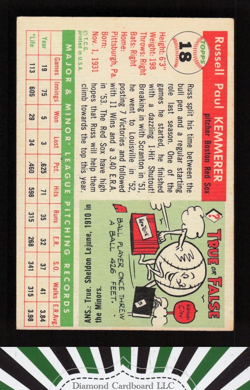 1955 Topps #18 Russ Kemmerer VGEX g, back