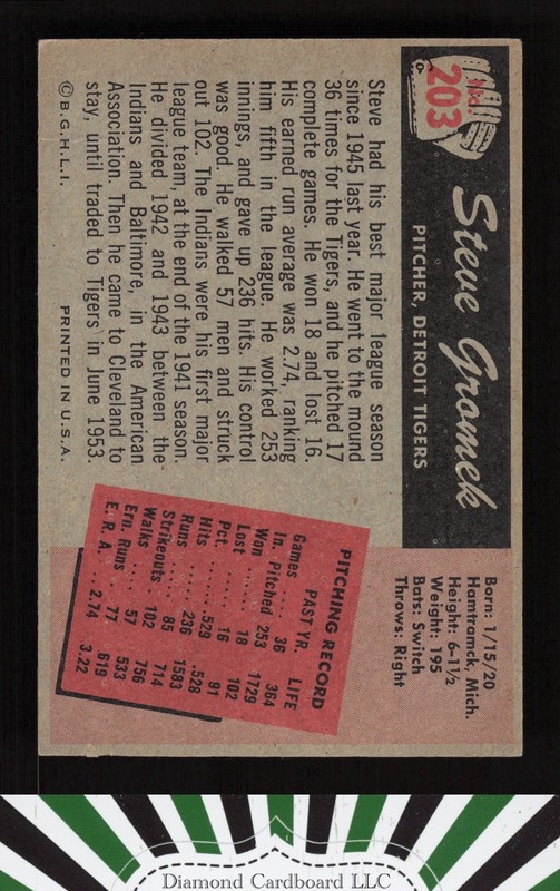 1955 Bowman #203 Steve Gromek EX, back