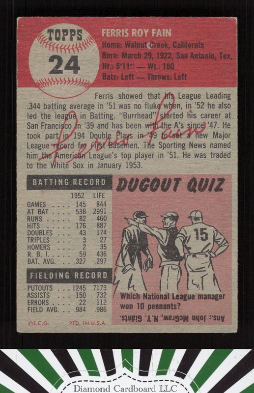 1953 Topps #24 Ferris Fain VG f, back