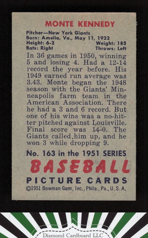 1951 Bowman #163 Monte Kennedy VGEX, back