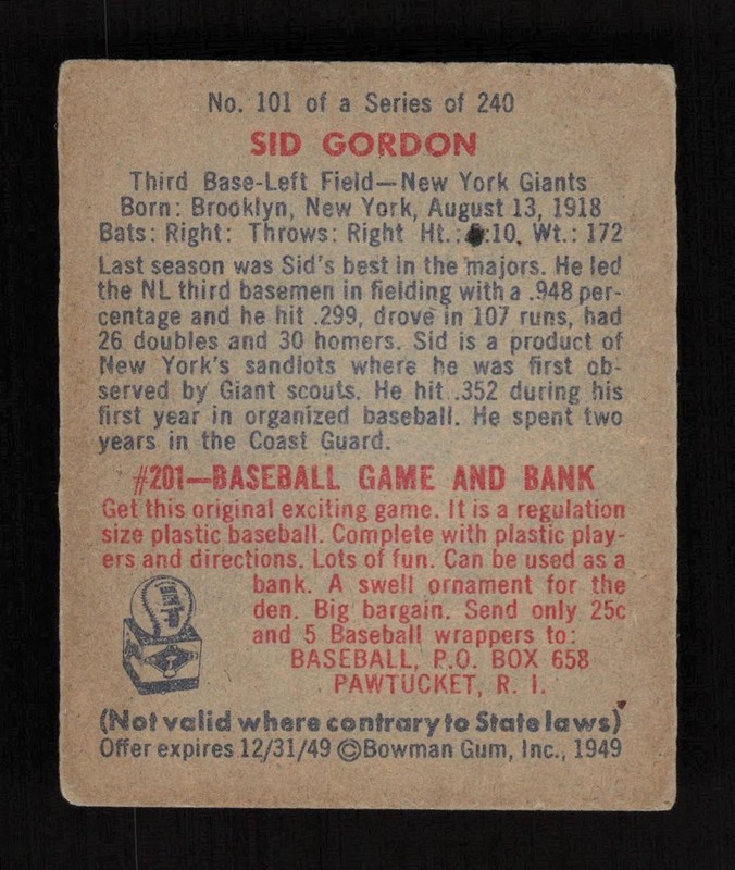 1949 Bowman #101 Sid Gordon VGEX, back