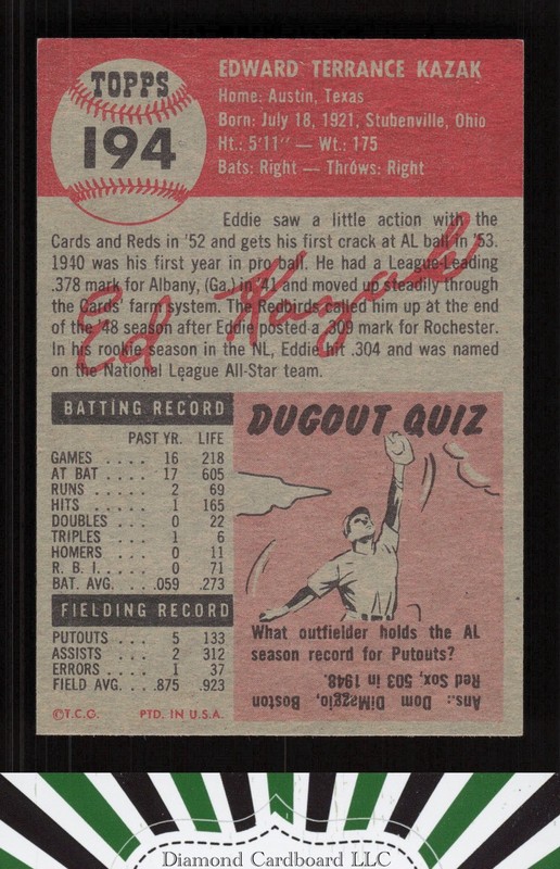 1953 Topps #194 Eddie Kazak NM+ i, back