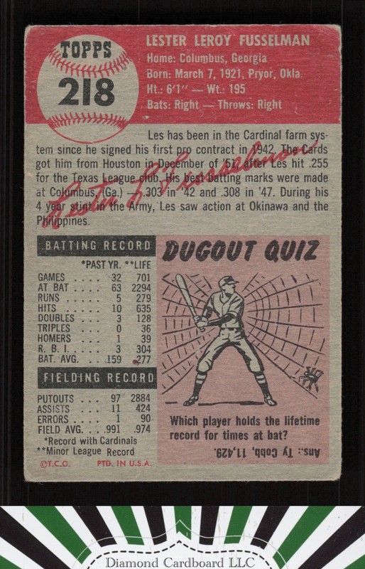 1953 Topps #218 Les Fusselman FR a, back