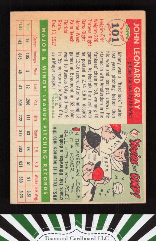 1955 Topps #101 Johnny Gray VGEX g, back