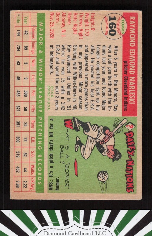 1955 Topps #160 Ray Narleski VG m, back