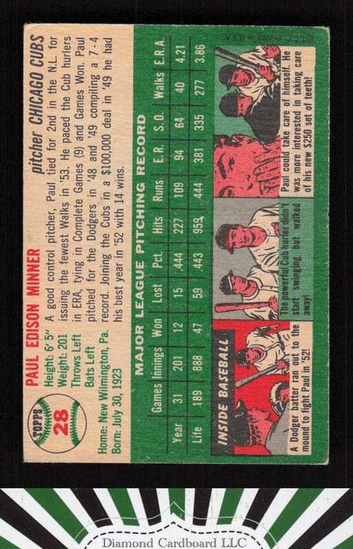 1954 Topps #28 Paul Minner VG k, back