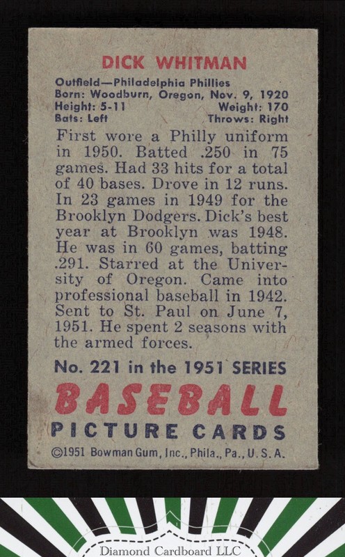 1951 Bowman #221 Dick Whitman VGEX, back