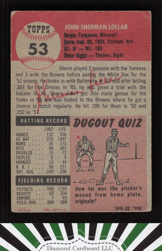 1953 Topps #53 Sherm Lollar VG f, back