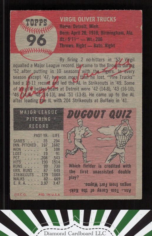 1953 Topps #96 Virgil Trucks : Bio uses black text VGEX g, back