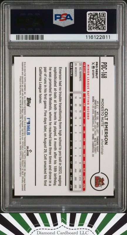 2024 Topps Chrom Pro Debut #PDC168 Colt Emerson PSA 10 Gold Mini Diamond 50/50, back