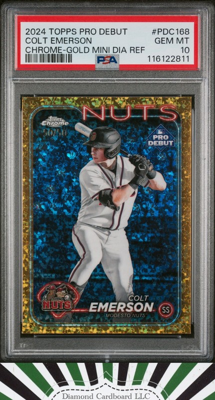 2024 Topps Chrom Pro Debut #PDC168 Colt Emerson PSA 10 Gold Mini Diamond 50/50, front