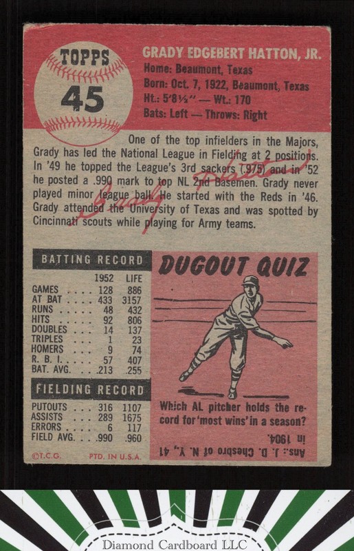 1953 Topps #45 Grady Hatton VGEX d, back
