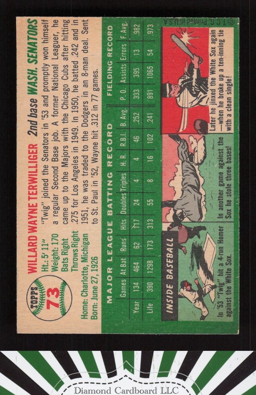 1954 Topps #73 Wayne Terwilliger NM e, back