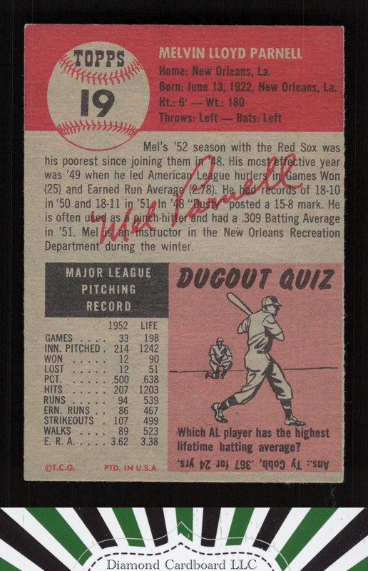 1953 Topps #19 Mel Parnell EX h, back