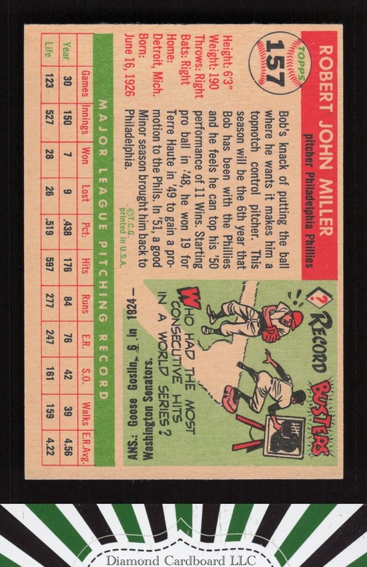 1955 Topps #157 Bob Miller EXMT f, back