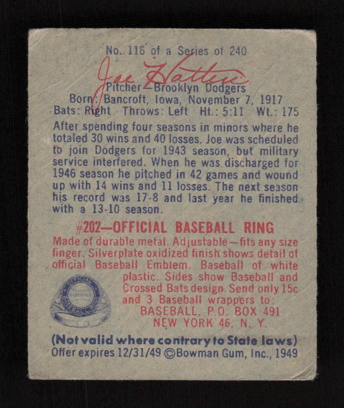 1949 Bowman #116 Joe Hatten VG+, back