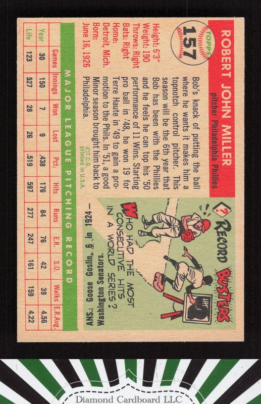 1955 Topps #157 Bob Miller EXMT+ h, back
