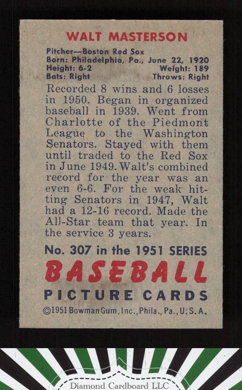 1951 Bowman #307 Walt Masterson VGEX+, back