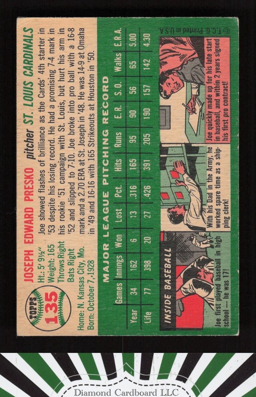 1954 Topps #135 Joe Presko VGEX h, back