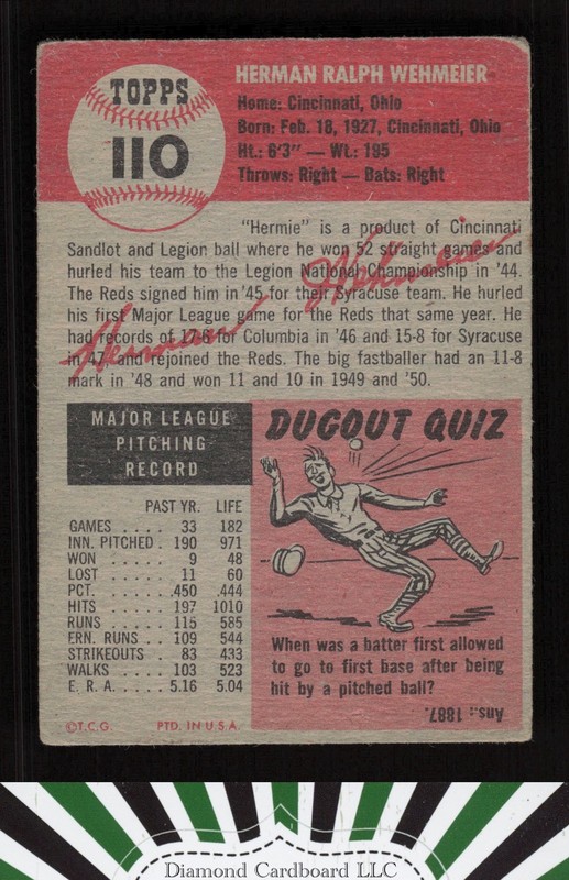 1953 Topps #110 Herman Wehmeier : Bio uses black text FR c, back