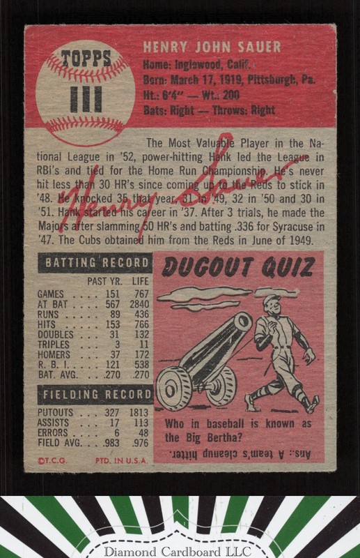 1953 Topps #111 Hank Sauer : Bio uses black text VGEX [CENTERED], back