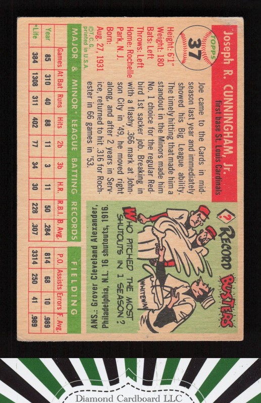 1955 Topps #37 Joe Cunningham GD+ d, back