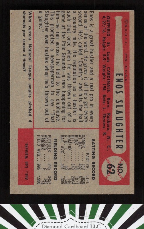 1954 Bowman #62 Enos Slaughter NM (MC) c, back
