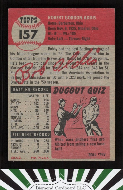 1953 Topps #157 Bob Addis : Bio uses black text VGEX i, back