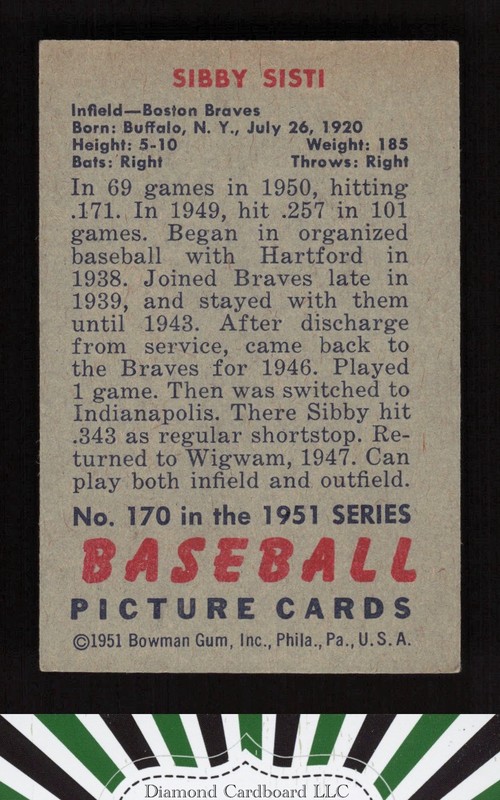 1951 Bowman #170 Sibby Sisti EX, back