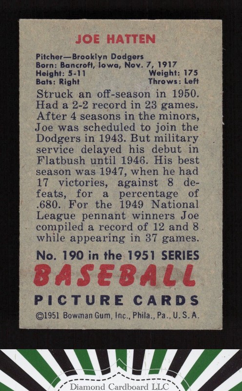 1951 Bowman #190 Joe Hatten VGEX+, back