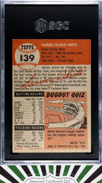 1953 Topps #139 Sammy White SGC 7 [RIDICULOUSLY SHARP], back