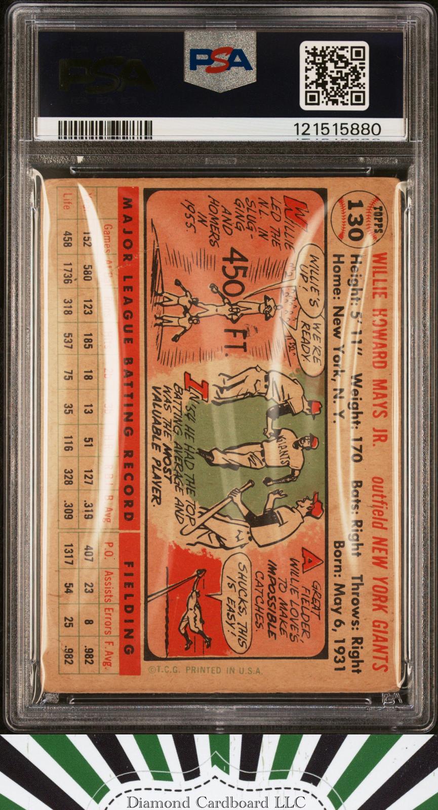 1956 Topps #130 Willie Mays PSA/DNA 1.5 AUTO 8 RARE White Back, back