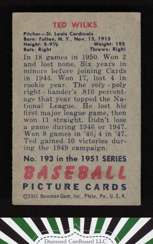 1951 Bowman #193 Ted Wilks VGEX, back