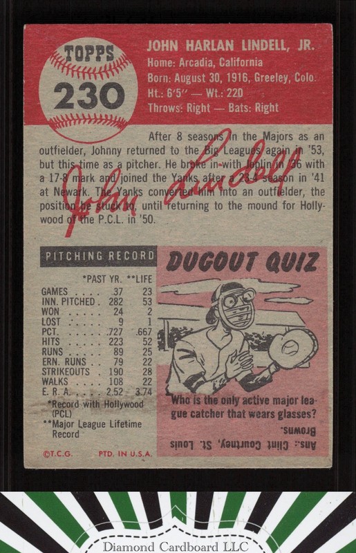 1953 Topps #230 Johnny Lindell GD d, back