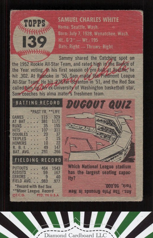 1953 Topps #139 Sammy White : Bio uses white text GD b, back