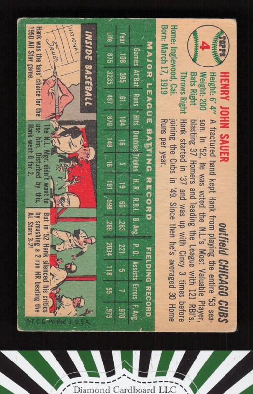 1954 Topps #4 Hank Sauer VGEX h, back