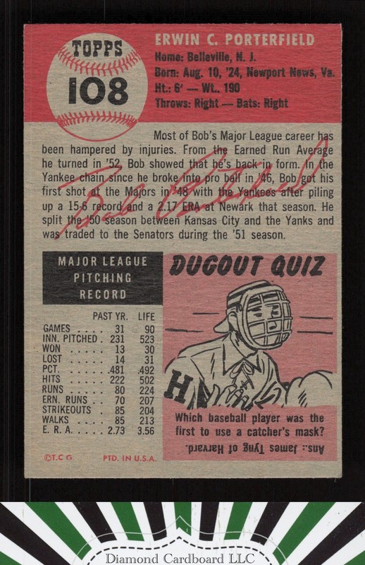 1953 Topps #108 Bob Porterfield : Bio uses black text EX f, back