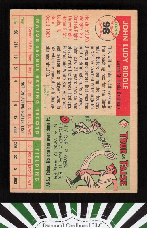 1955 Topps #98 Johnny Riddle VGEX i, back