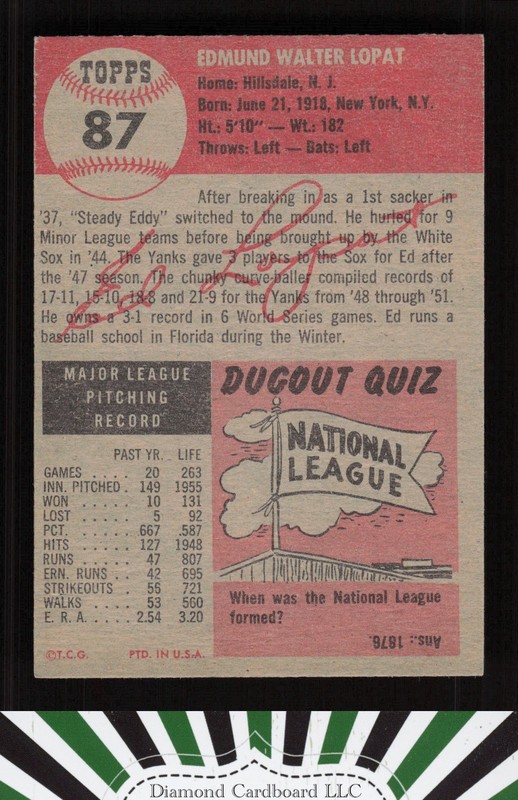 1953 Topps #87 Ed Lopat : Bio uses black text EX g, back
