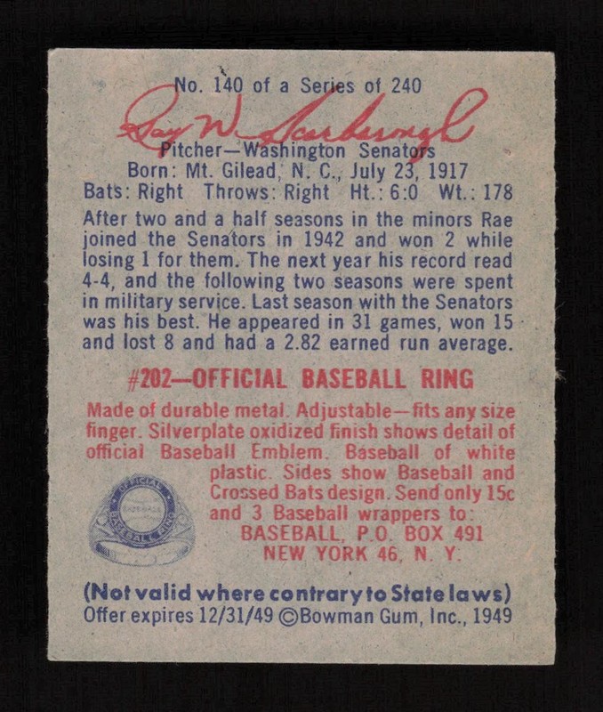 1949 Bowman #140 Rae Scarborough VGEX (but tape on front), back
