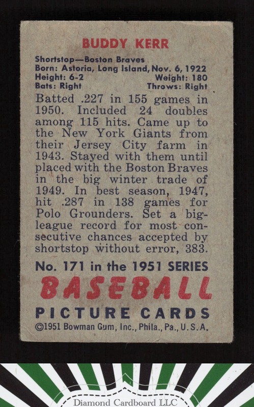 1951 Bowman #171 Buddy Kerr VG [CENTERED], back