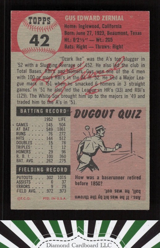 1953 Topps #42 Gus Zernial VGEX e, back