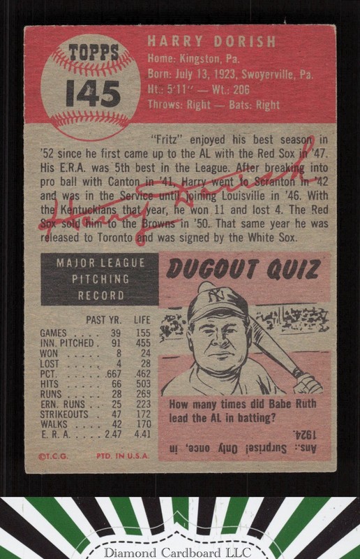 1953 Topps #145 Harry Dorish : Bio uses white text VGEX+ c, back