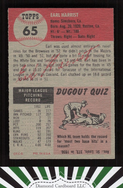1953 Topps #65 Earl Harrist EX+ g, back