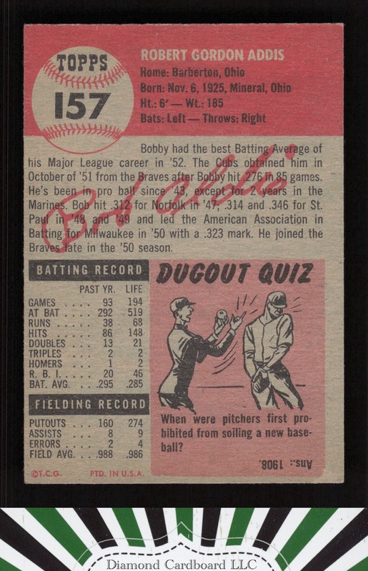 1953 Topps #157 Bob Addis : Bio uses black text VGEX+ h, back