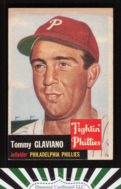 1953 Topps #140 Tommy Glaviano : Bio uses black text FR d, front