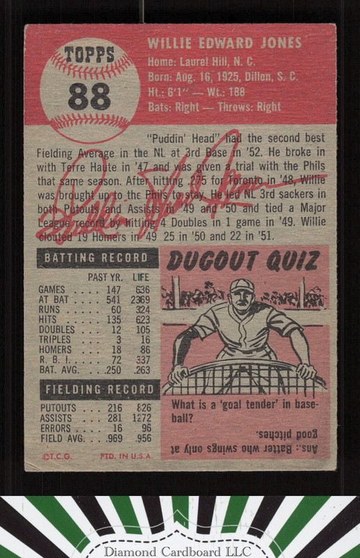 1953 Topps #88 Willie Jones : Bio uses white text VG d, back