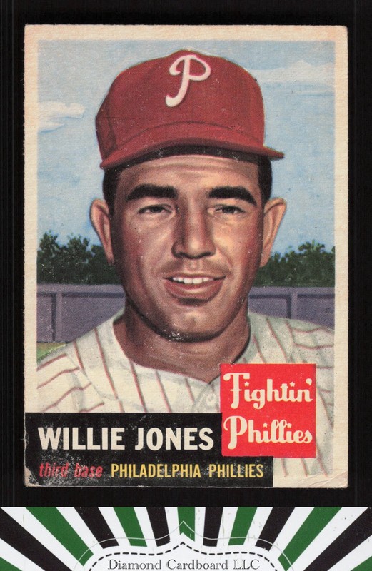 1953 Topps #88 Willie Jones : Bio uses white text VG d, front