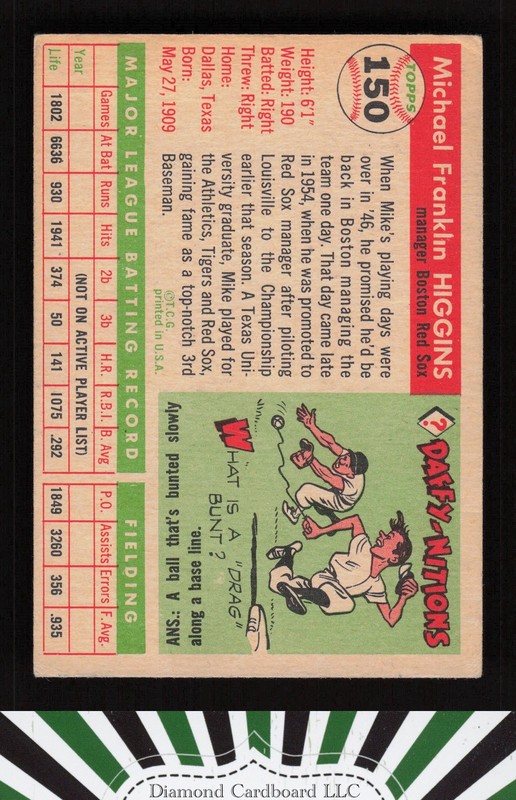 1955 Topps #150 Mike Higgins VG c, back