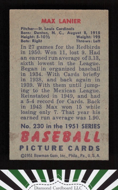 1951 Bowman #230 Max Lanier EX (MISCUT), back
